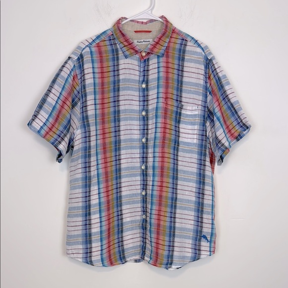 Men’s Tommy Bahama Multi Color Plaid Button Down 100% Linen Shirt. Size Large. - Picture 1 of 12